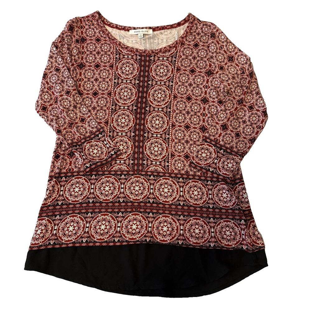 Rose Olive Boho Burnt Red Geometric Tunic Long Sleeve Top Women's S Stretch Cozy